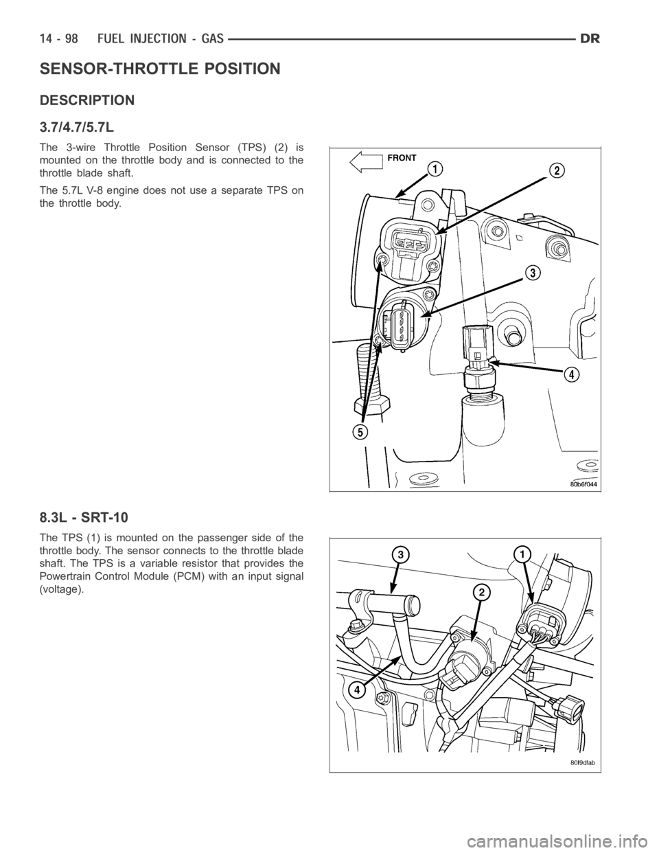 DODGE RAM SRT-10 2006  Service Repair Manual SENSOR-THROTTLE POSITION
DESCRIPTION
3.7/4.7/5.7L
The 3-wire Throttle Position Sensor (TPS) (2) is
mounted on the throttle body and is connected to the
throttle blade shaft.
The 5.7L V-8 engine does n