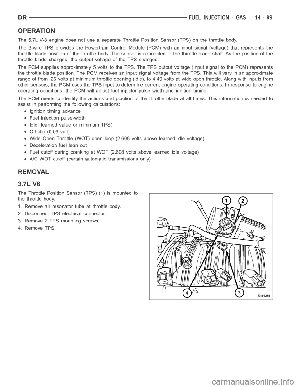 DODGE RAM SRT-10 2006 Service Repair Manual OPERATION
The 5.7L V-8 engine does not use a separate Throttle Position Sensor (TPS) on the throttle body.
The 3-wire TPS provides the Powertrain Control Module (PCM) with an input signal (voltage) th DODGE RAM SRT-10 2006 Service Repair Manual OPERATION
The 5.7L V-8 engine does not use a separate Throttle Position Sensor (TPS) on the throttle body.
The 3-wire TPS provides the Powertrain Control Module (PCM) with an input signal (voltage) th