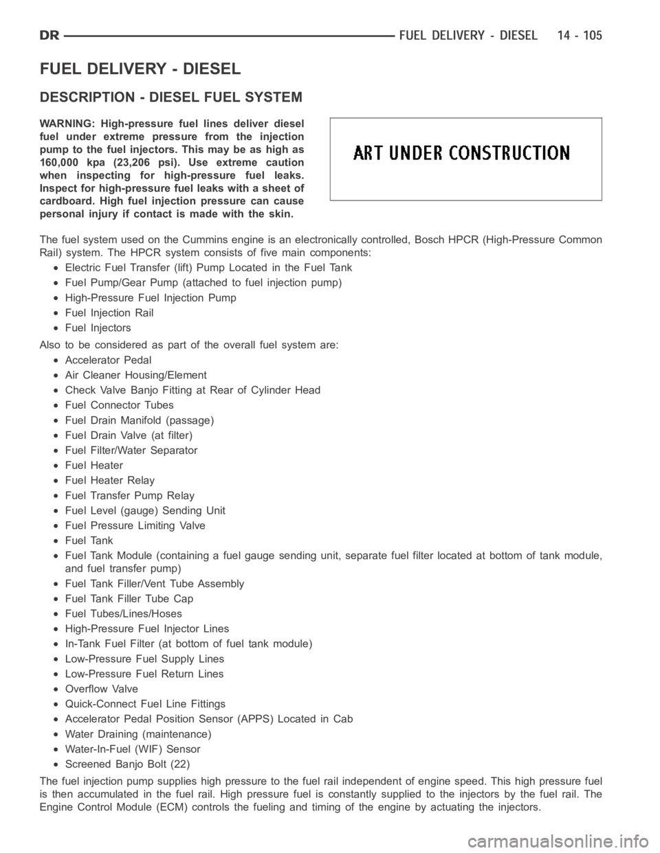 DODGE RAM SRT-10 2006  Service Repair Manual FUEL DELIVERY - DIESEL
DESCRIPTION - DIESEL FUEL SYSTEM
WARNING: High-pressure fuel lines deliver diesel
fuel under extreme pressure from the injection
pump to the fuel injectors. This may be as high 