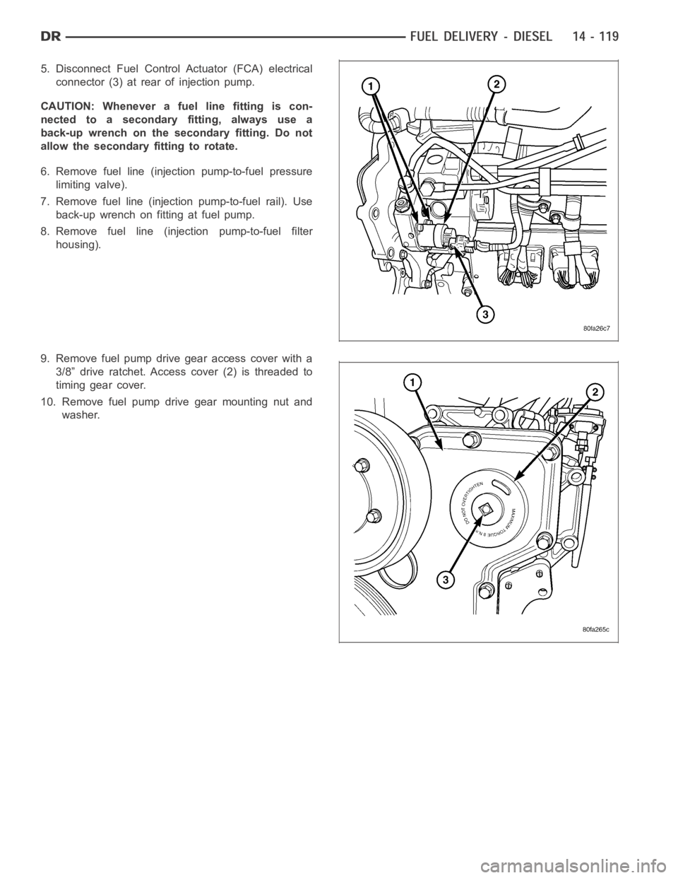 DODGE RAM SRT-10 2006  Service Repair Manual 5. Disconnect Fuel Control Actuator (FCA) electrical
connector (3) at rear of injection pump.
CAUTION: Whenever a fuel line fitting is con-
nected to a secondary fitting, always use a
back-upwrenchont