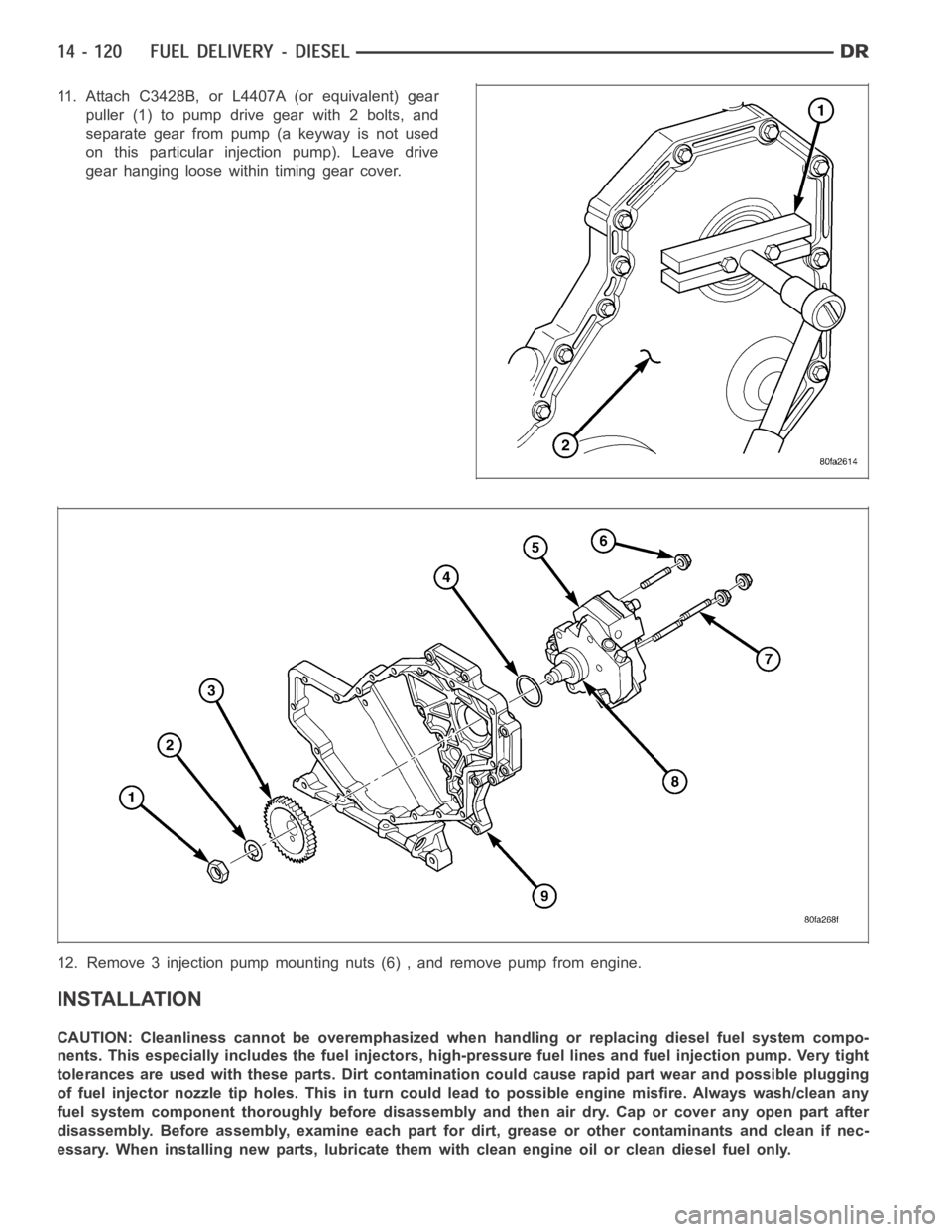 DODGE RAM SRT-10 2006 Service Repair Manual 11. Attach C3428B, or L4407A (or equivalent) gear
puller (1) to pump drive gear with 2 bolts, and
separate gear from pump (a keyway is not used
on this particular injection pump). Leave drive
gear han DODGE RAM SRT-10 2006 Service Repair Manual 11. Attach C3428B, or L4407A (or equivalent) gear
puller (1) to pump drive gear with 2 bolts, and
separate gear from pump (a keyway is not used
on this particular injection pump). Leave drive
gear han