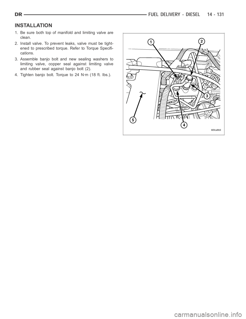 DODGE RAM SRT-10 2006  Service Repair Manual INSTALLATION
1. Be sure both top of manifold and limiting valve are
clean.
2. Install valve. To prevent leaks, valve must be tight-
ened to prescribed torque. Refer to Torque Specifi-
cations.
3. Asse