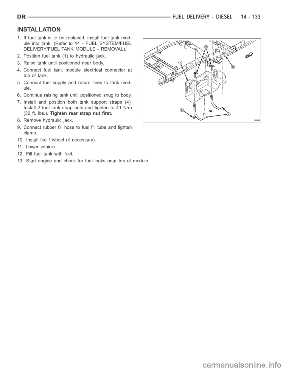 DODGE RAM SRT-10 2006  Service Repair Manual INSTALLATION
1. If fuel tank is to be replaced, install fuel tank mod-
ule into tank. (Refer to 14 - FUEL SYSTEM/FUEL
DELIVERY/FUEL TANK MODULE - REMOVAL).
2. Position fuel tank (1) to hydraulic jack.
