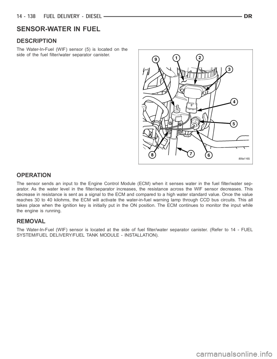 DODGE RAM SRT-10 2006  Service Repair Manual SENSOR-WATER IN FUEL
DESCRIPTION
The Water-In-Fuel (WIF) sensor (5) is located on the
side of the fuel filter/water separator canister.
OPERATION
The sensor sends an input to the Engine Control Module