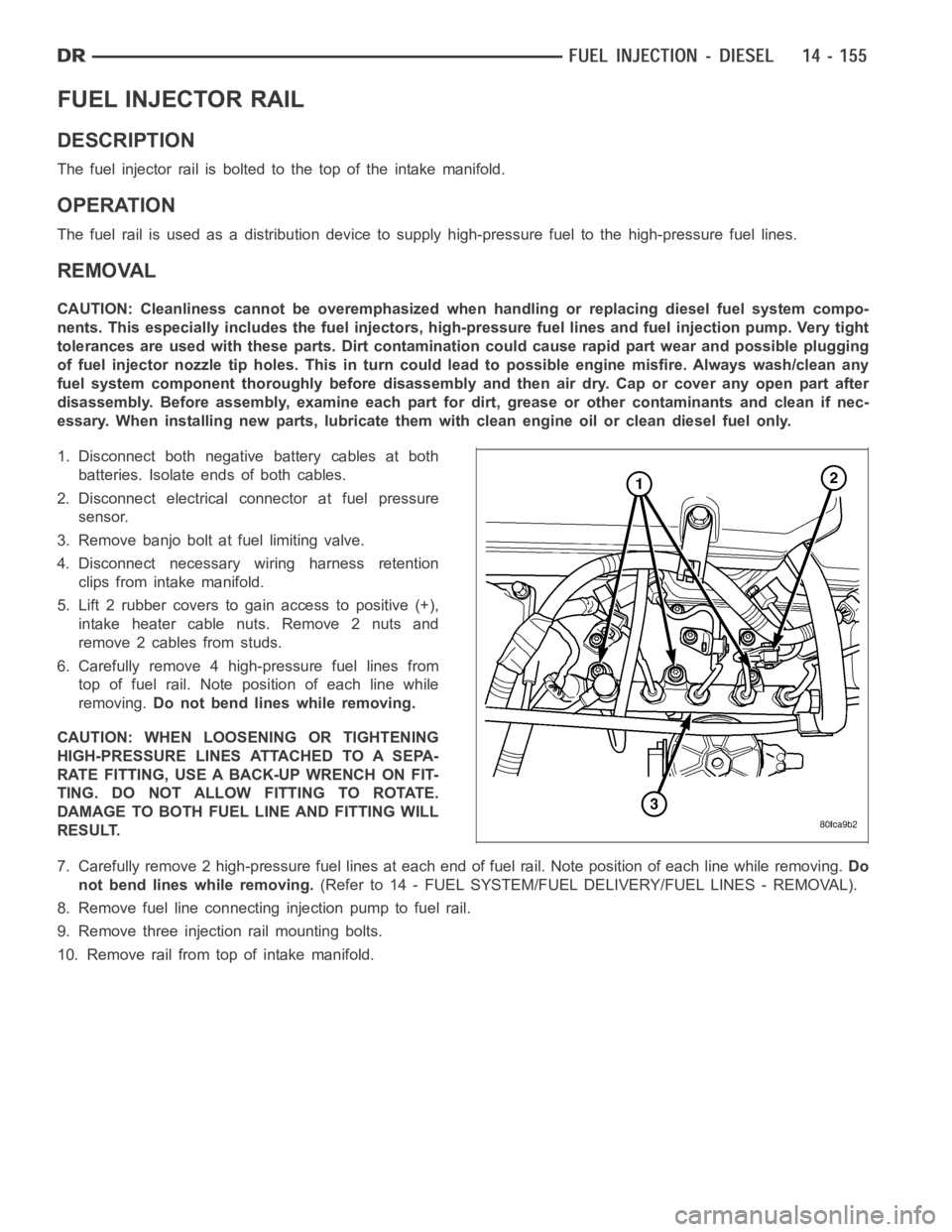 DODGE RAM SRT-10 2006 Service Repair Manual FUEL INJECTOR RAIL
DESCRIPTION
The fuel injector rail is bolted to the top of the intake manifold.
OPERATION
The fuel rail is used as a distribution device to supply high-pressure fuelto the high-pres DODGE RAM SRT-10 2006 Service Repair Manual FUEL INJECTOR RAIL
DESCRIPTION
The fuel injector rail is bolted to the top of the intake manifold.
OPERATION
The fuel rail is used as a distribution device to supply high-pressure fuelto the high-pres