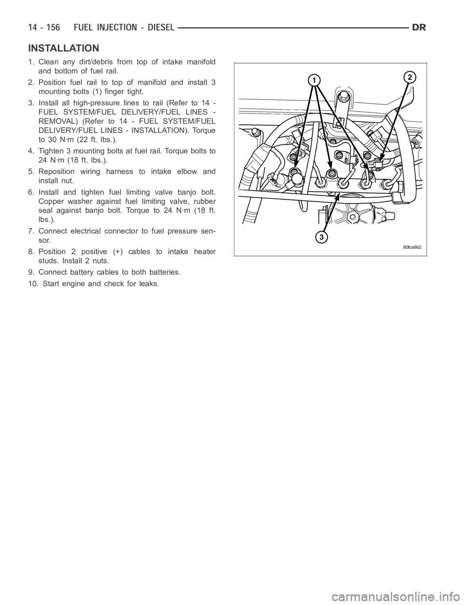 DODGE RAM SRT-10 2006  Service Repair Manual INSTALLATION
1. Clean any dirt/debris from top of intake manifold
and bottom of fuel rail.
2. Position fuel rail to top of manifold and install 3
mounting bolts (1) finger tight.
3. Install all high-p