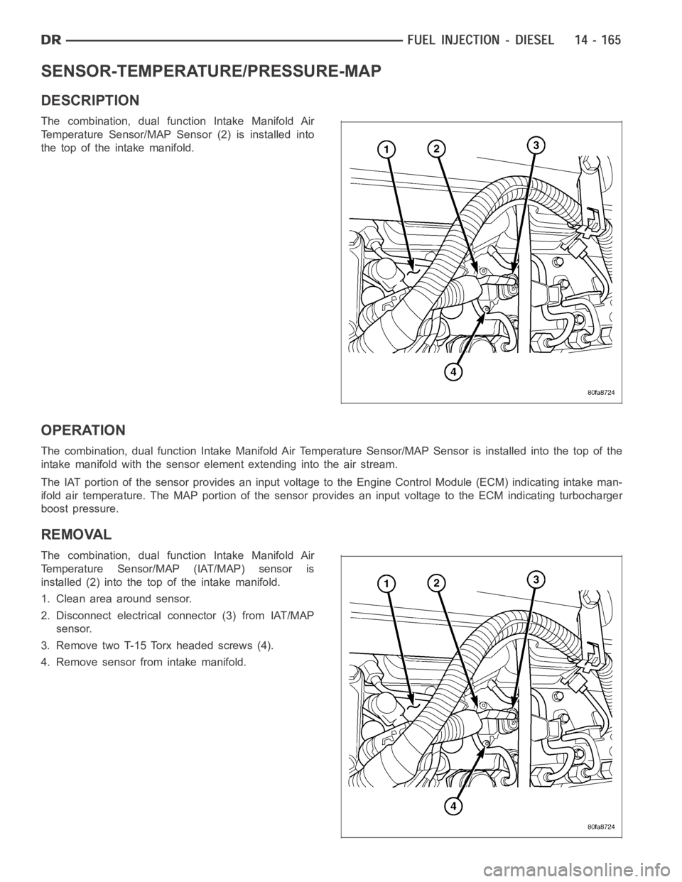 DODGE RAM SRT-10 2006  Service Repair Manual SENSOR-TEMPERATURE/PRESSURE-MAP
DESCRIPTION
The combination, dual function Intake Manifold Air
Temperature Sensor/MAP Sensor (2) is installed into
the top of the intake manifold.
OPERATION
The combina