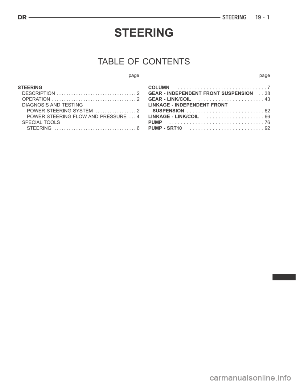 DODGE RAM SRT-10 2006  Service Repair Manual STEERING
TABLE OF CONTENTS
page page
STEERING
DESCRIPTION ................................. 2
OPERATION ................................... 2
DIAGNOSIS AND TESTING
POWER STEERING SYSTEM ..............