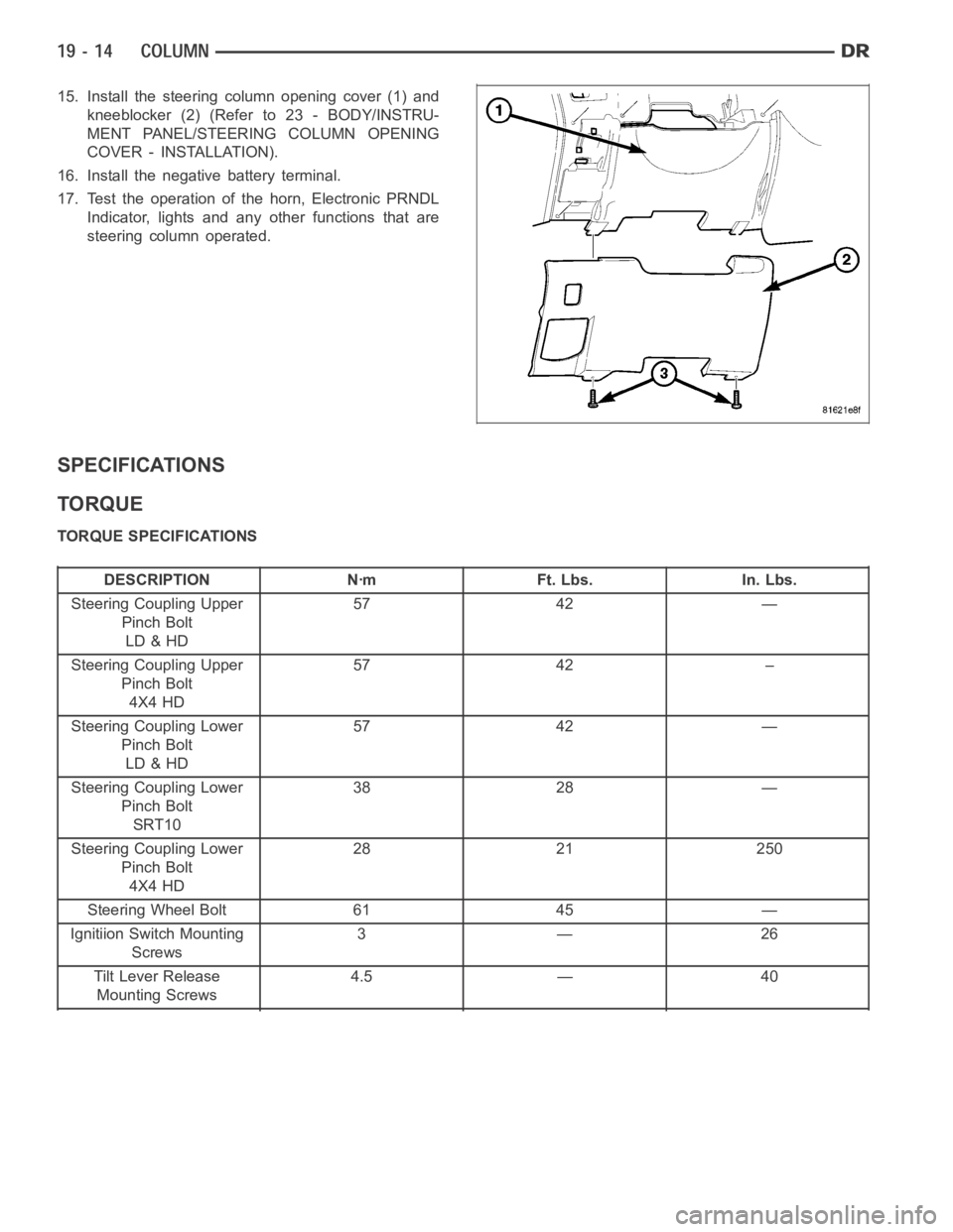 DODGE RAM SRT-10 2006  Service Repair Manual 15. Install the steering column opening cover (1) and
kneeblocker (2) (Refer to 23 - BODY/INSTRU-
MENT PANEL/STEERING COLUMN OPENING
COVER - INSTALLATION).
16. Install the negative battery terminal.
1