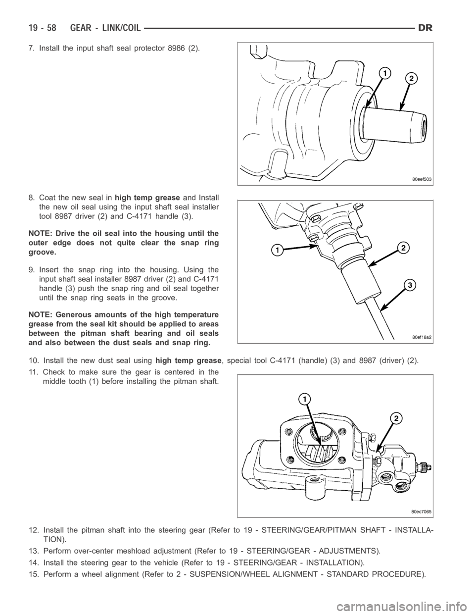 DODGE RAM SRT-10 2006  Service Repair Manual 7. Install the input shaft seal protector 8986 (2).
8. Coat the new seal inhigh temp greaseand Install
the new oil seal using the input shaft seal installer
tool 8987 driver (2) and C-4171 handle (3).
