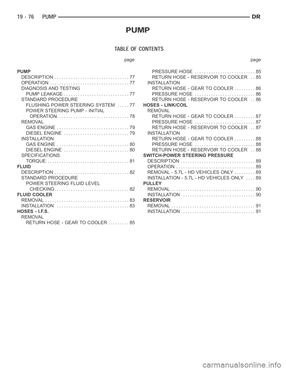 DODGE RAM SRT-10 2006 Service Repair Manual page page
PUMP
DESCRIPTION ................................ 77
OPERATION .................................. 77
DIAGNOSIS AND TESTING
PUMP LEAKAGE ............................ 77
STANDARD PROCEDURE
FLU DODGE RAM SRT-10 2006 Service Repair Manual page page
PUMP
DESCRIPTION ................................ 77
OPERATION .................................. 77
DIAGNOSIS AND TESTING
PUMP LEAKAGE ............................ 77
STANDARD PROCEDURE
FLU