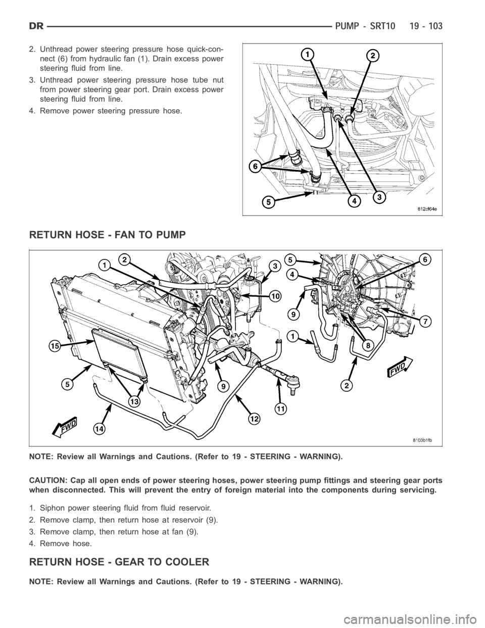 DODGE RAM SRT-10 2006  Service Repair Manual 2. Unthread power steering pressure hose quick-con-
nect (6) from hydraulic fan (1). Drain excess power
steering fluid from line.
3. Unthread power steering pressure hose tube nut
from power steering 