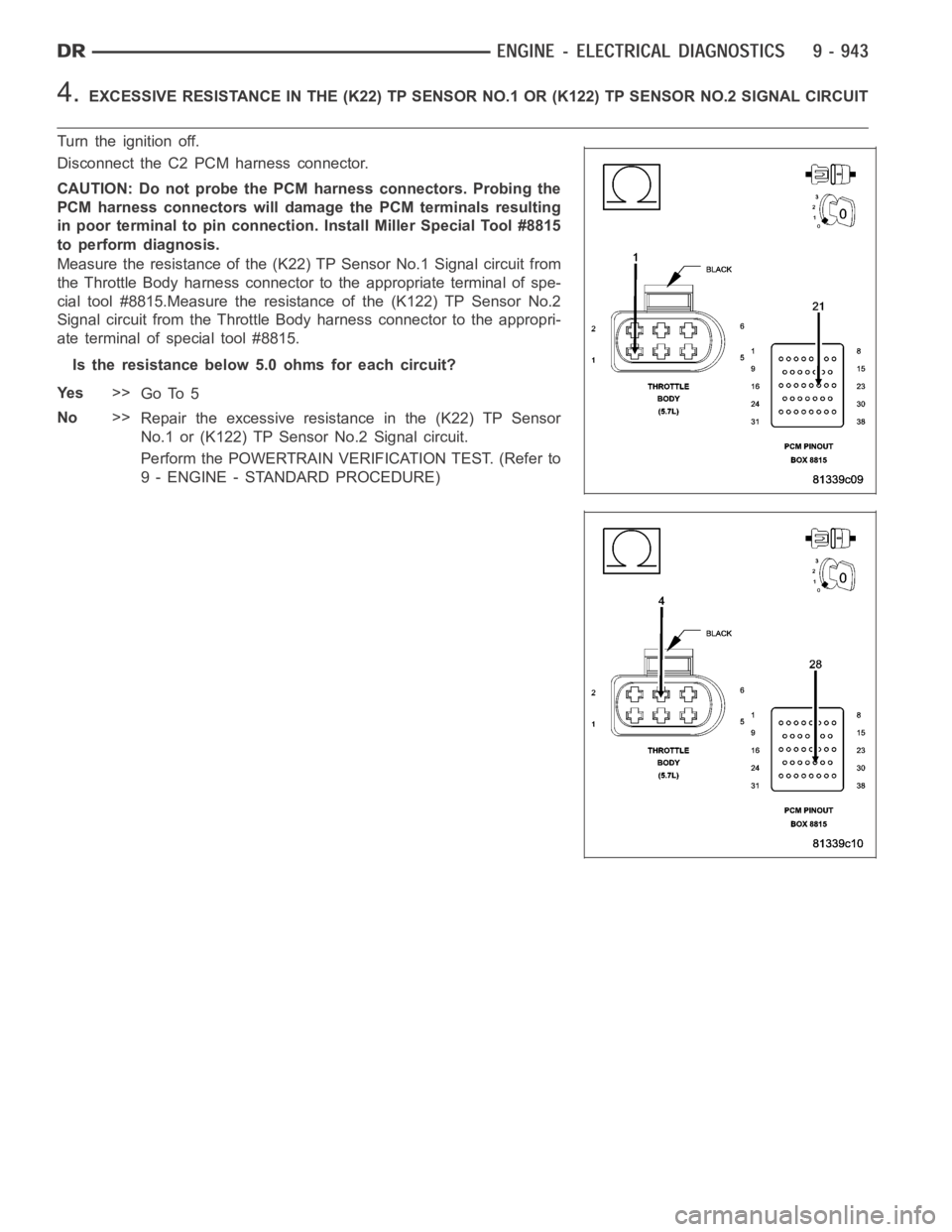 DODGE RAM SRT-10 2006  Service Repair Manual 4.EXCESSIVE RESISTANCE IN THE (K22) TP SENSOR NO.1 OR (K122) TP SENSOR NO.2 SIGNAL CIRCUIT
Turn the ignition off.
Disconnect the C2 PCM harness connector.
CAUTION: Do not probe the PCM harness connect