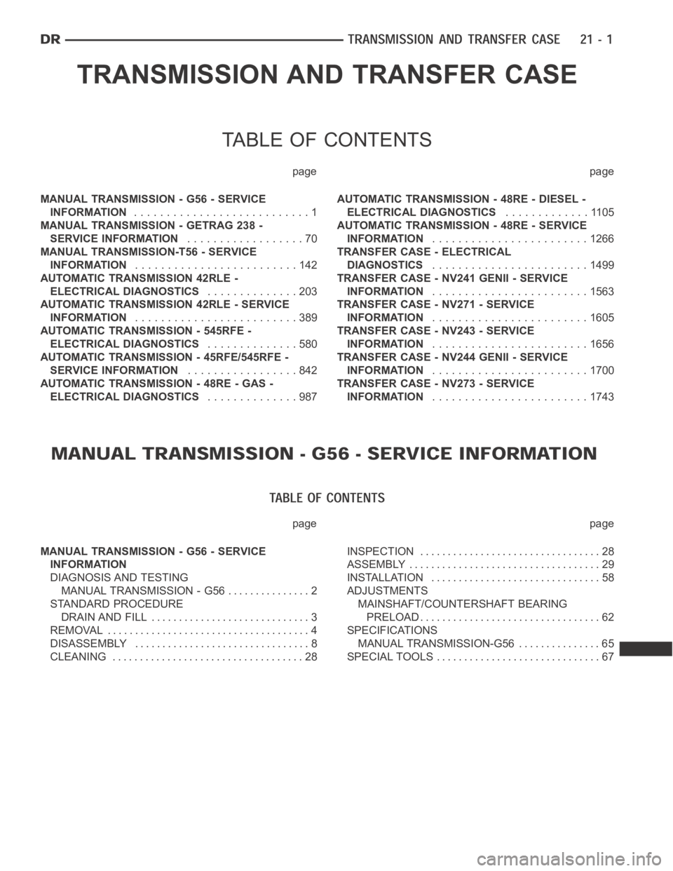 DODGE RAM SRT-10 2006 Service Repair Manual TRANSMISSION AND TRANSFER CASE
TABLE OF CONTENTS
page page
MANUAL TRANSMISSION - G56 - SERVICE
INFORMATION...........................1
MANUAL TRANSMISSION - GETRAG 238 -
SERVICE INFORMATION........... DODGE RAM SRT-10 2006 Service Repair Manual TRANSMISSION AND TRANSFER CASE
TABLE OF CONTENTS
page page
MANUAL TRANSMISSION - G56 - SERVICE
INFORMATION...........................1
MANUAL TRANSMISSION - GETRAG 238 -
SERVICE INFORMATION...........