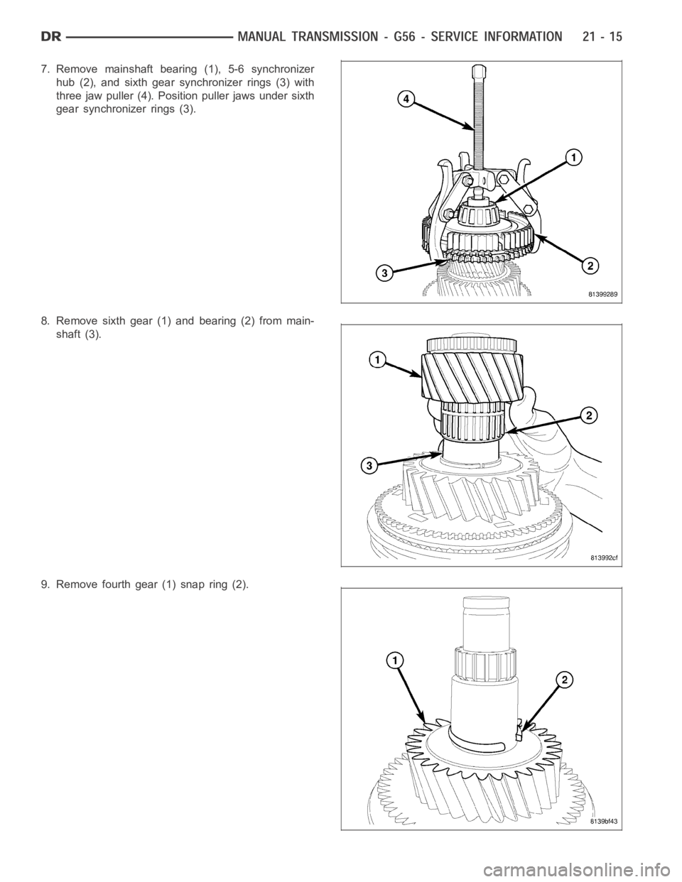 DODGE RAM SRT-10 2006  Service Repair Manual 7. Remove mainshaft bearing (1), 5-6 synchronizer
hub (2), and sixth gear synchronizer rings (3) with
three jaw puller (4). Position puller jaws under sixth
gear synchronizer rings (3).
8. Remove sixt
