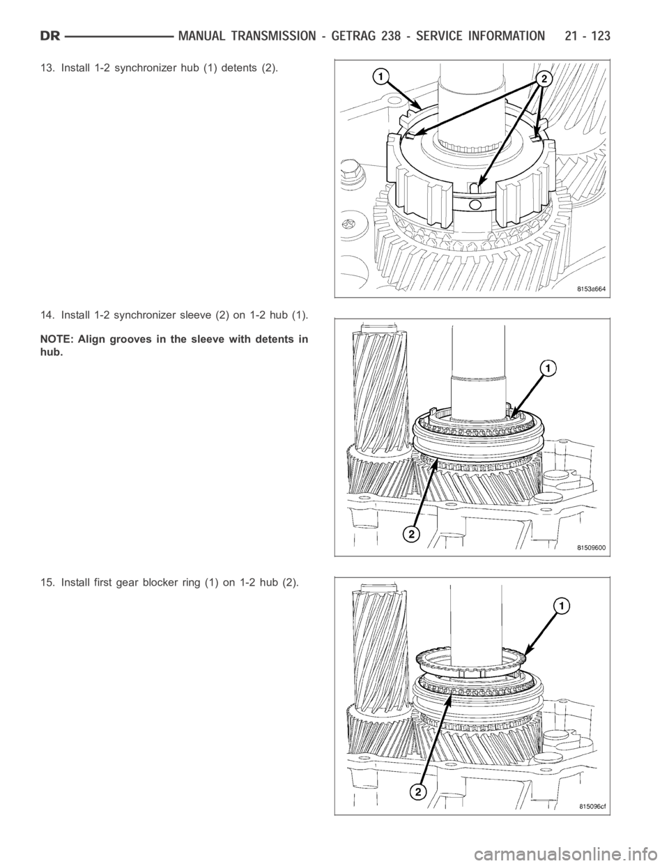 DODGE RAM SRT-10 2006  Service Repair Manual 13. Install 1-2 synchronizer hub (1) detents (2).
14. Install 1-2 synchronizer sleeve (2) on 1-2 hub (1).
NOTE: Align grooves in the sleeve with detents in
hub.
15. Install first gear blocker ring (1)