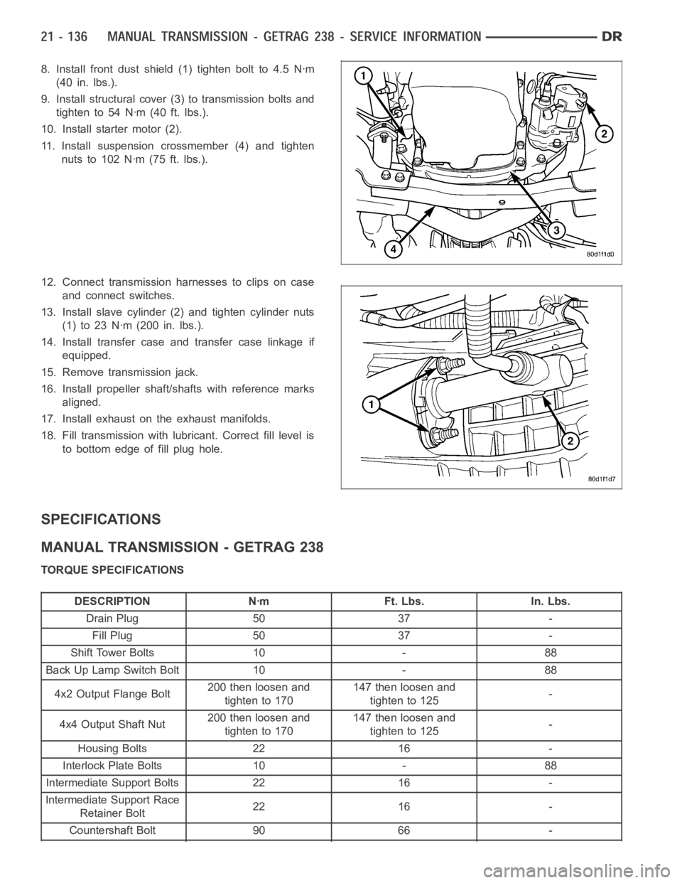 DODGE RAM SRT-10 2006 Service Repair Manual 8. Install front dust shield (1) tighten bolt to 4.5 Nꞏm
(40 in. lbs.).
9. Install structural cover (3) to transmission bolts and
tighten to 54 Nꞏm (40 ft. lbs.).
10. Install starter motor (2).
11 DODGE RAM SRT-10 2006 Service Repair Manual 8. Install front dust shield (1) tighten bolt to 4.5 Nꞏm
(40 in. lbs.).
9. Install structural cover (3) to transmission bolts and
tighten to 54 Nꞏm (40 ft. lbs.).
10. Install starter motor (2).
11