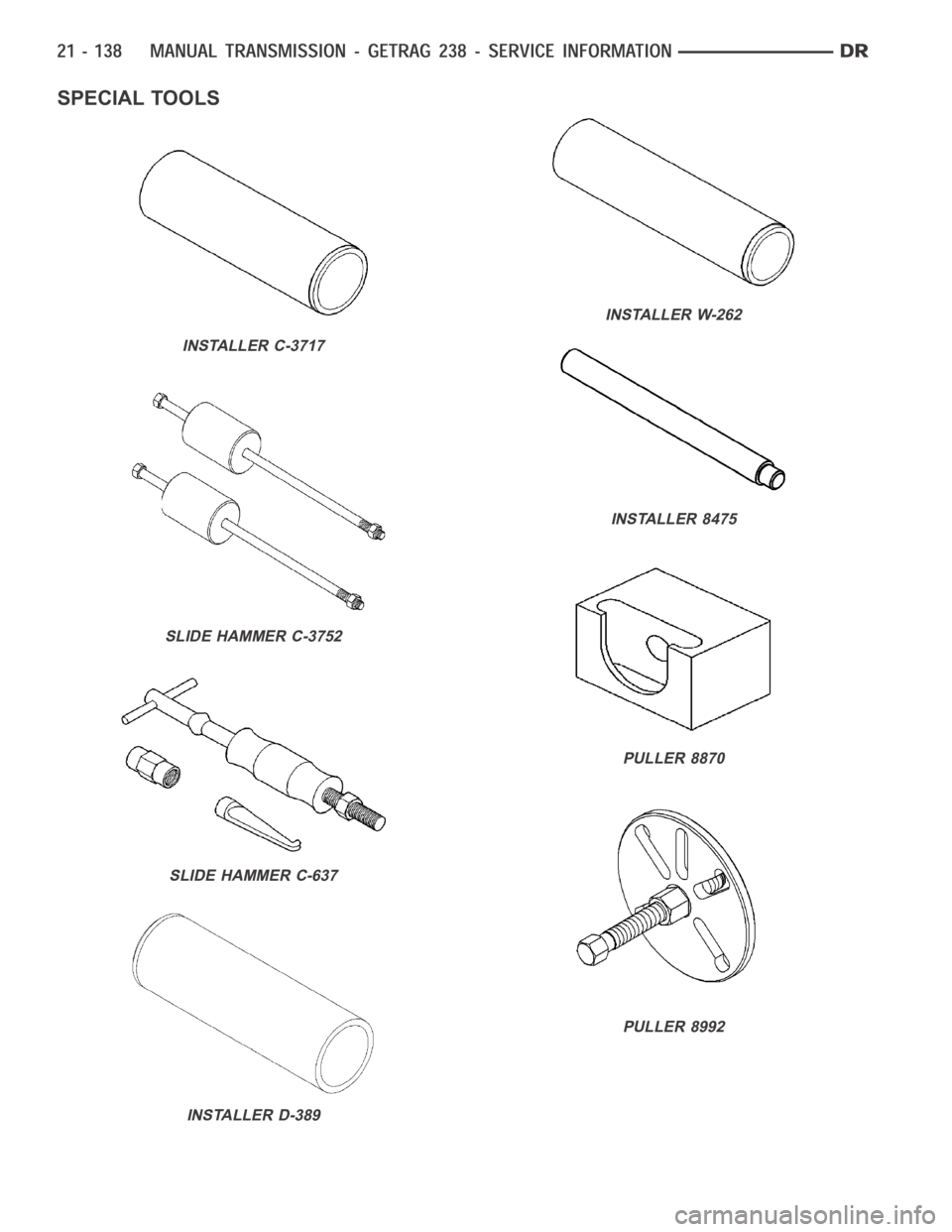 DODGE RAM SRT-10 2006  Service Repair Manual SPECIAL TOOLS
INSTALLER C-3717
SLIDE HAMMER C-3752
SLIDE HAMMER C-637
INSTALLER D-389
INSTALLER W-262
INSTALLER 8475
PULLER 8870
PULLER 8992 