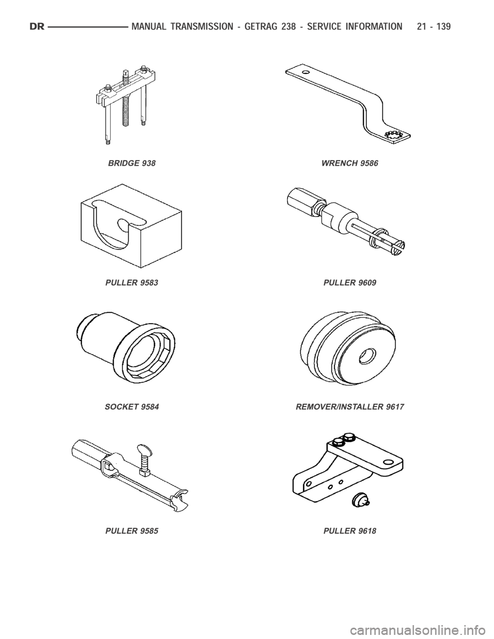 DODGE RAM SRT-10 2006  Service Repair Manual BRIDGE 938
PULLER 9583
SOCKET 9584
PULLER 9585
WRENCH 9586
PULLER 9609
REMOVER/INSTALLER 9617
PULLER 9618 