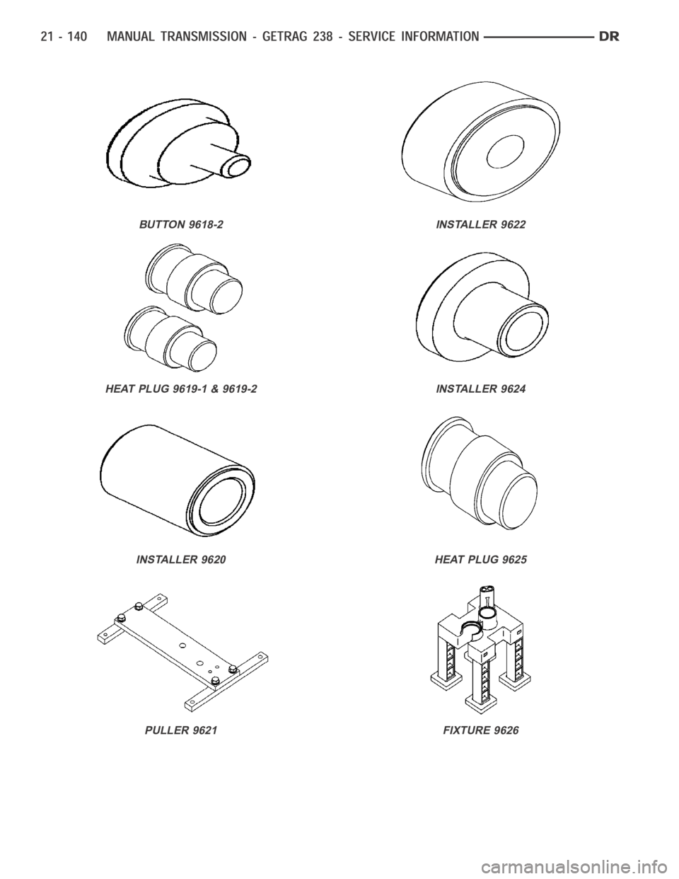 DODGE RAM SRT-10 2006  Service Repair Manual BUTTON 9618-2
HEAT PLUG 9619-1 & 9619-2
INSTALLER 9620
PULLER 9621
INSTALLER 9622
INSTALLER 9624
HEAT PLUG 9625
FIXTURE 9626 