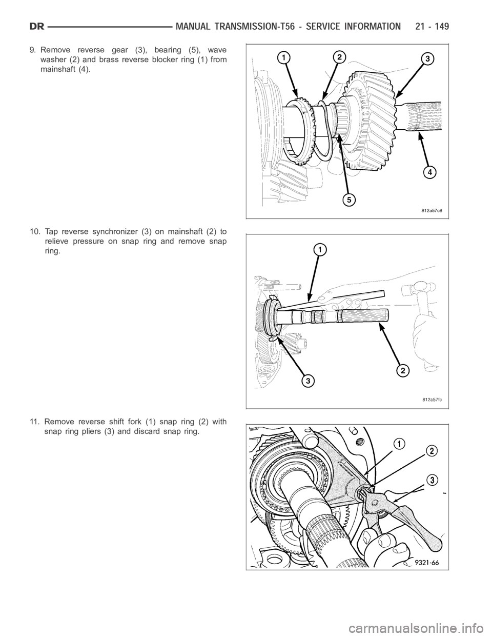 DODGE RAM SRT-10 2006  Service Repair Manual 9. Remove reverse gear (3), bearing (5), wave
washer (2) and brass reverse blocker ring (1) from
mainshaft (4).
10. Tap reverse synchronizer (3) on mainshaft (2) to
relieve pressure on snap ring and r
