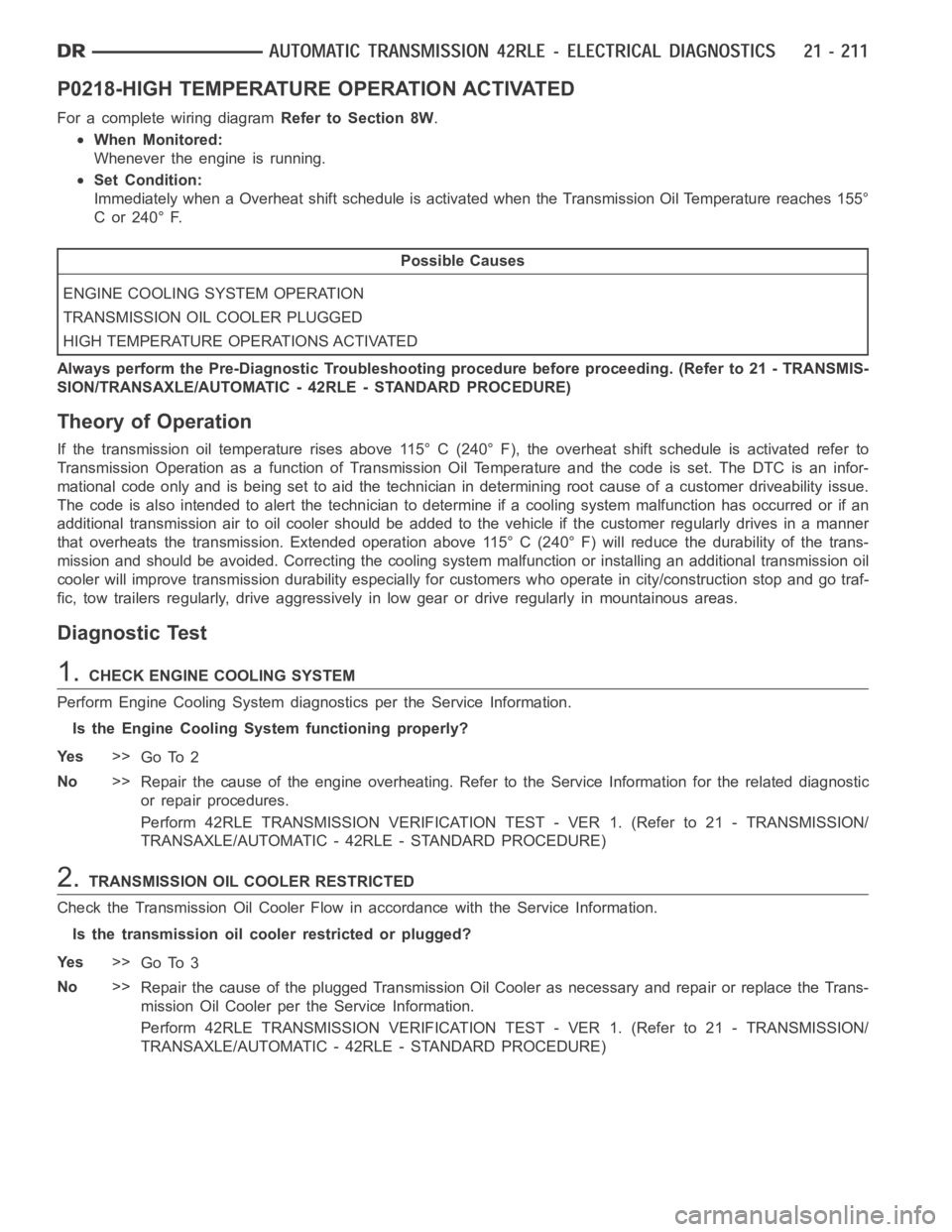 DODGE RAM SRT-10 2006  Service Repair Manual P0218-HIGH TEMPERATURE OPERATION ACTIVATED
For a complete wiring diagramRefer to Section 8W.
When Monitored:
Whenever the engine is running.
Set Condition:
Immediately when a Overheat shift schedule i