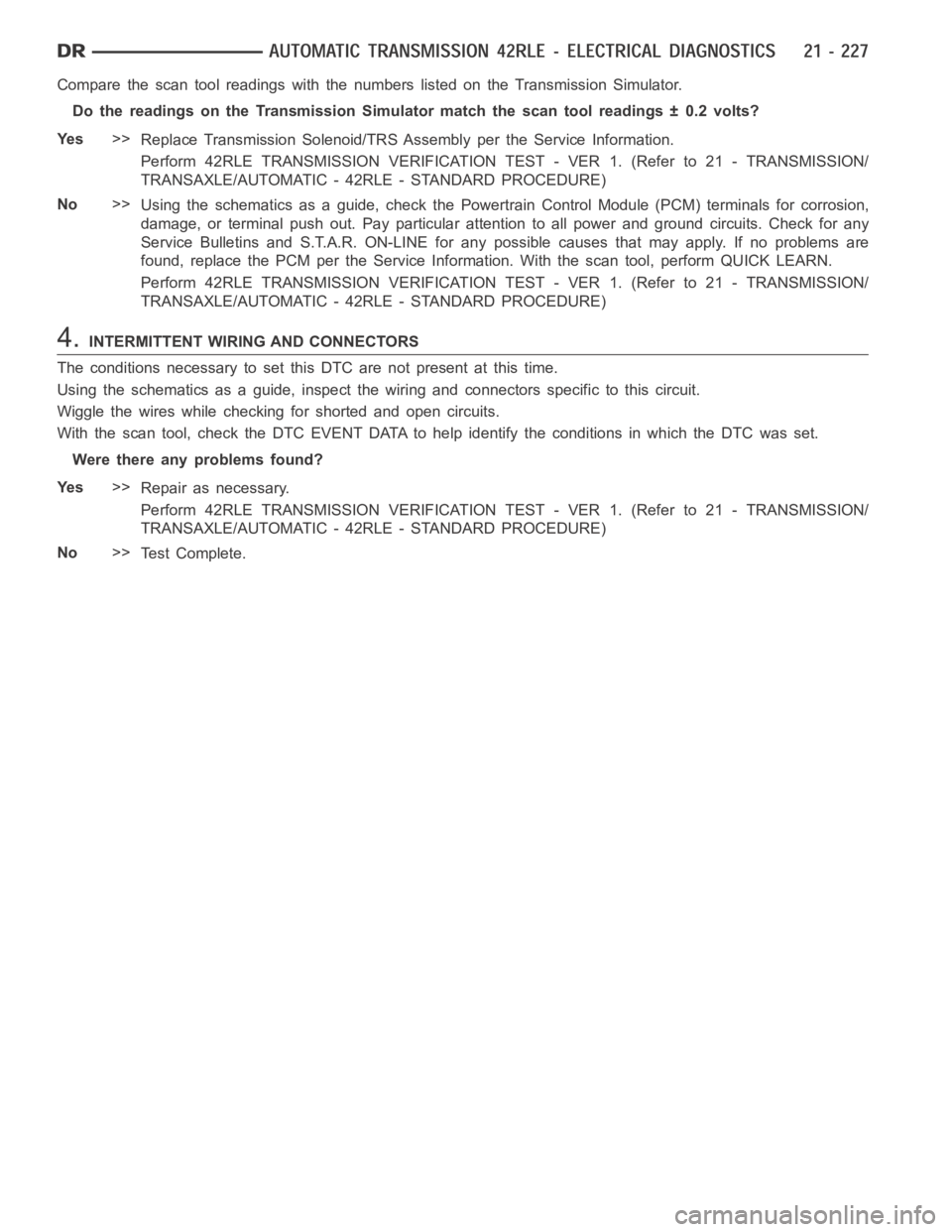 DODGE RAM SRT-10 2006 Service Repair Manual Compare the scan tool readings with the numbers listed on the TransmissionSimulator.
Do the readings on the Transmission Simulator match the scan tool readings± 0.2 volts?
Ye s>>
Replace Transmission DODGE RAM SRT-10 2006 Service Repair Manual Compare the scan tool readings with the numbers listed on the TransmissionSimulator.
Do the readings on the Transmission Simulator match the scan tool readings± 0.2 volts?
Ye s>>
Replace Transmission