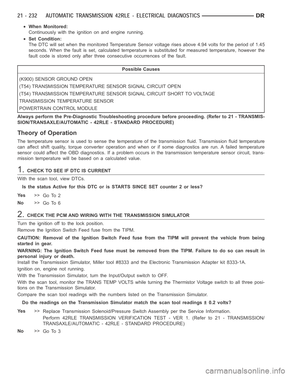 DODGE RAM SRT-10 2006 Service Repair Manual When Monitored:
Continuously with the ignition on and engine running.
Set Condition:
The DTC will set when the monitored Temperature Sensor voltage rises above4.94 volts for the period of 1.45
seconds DODGE RAM SRT-10 2006 Service Repair Manual When Monitored:
Continuously with the ignition on and engine running.
Set Condition:
The DTC will set when the monitored Temperature Sensor voltage rises above4.94 volts for the period of 1.45
seconds