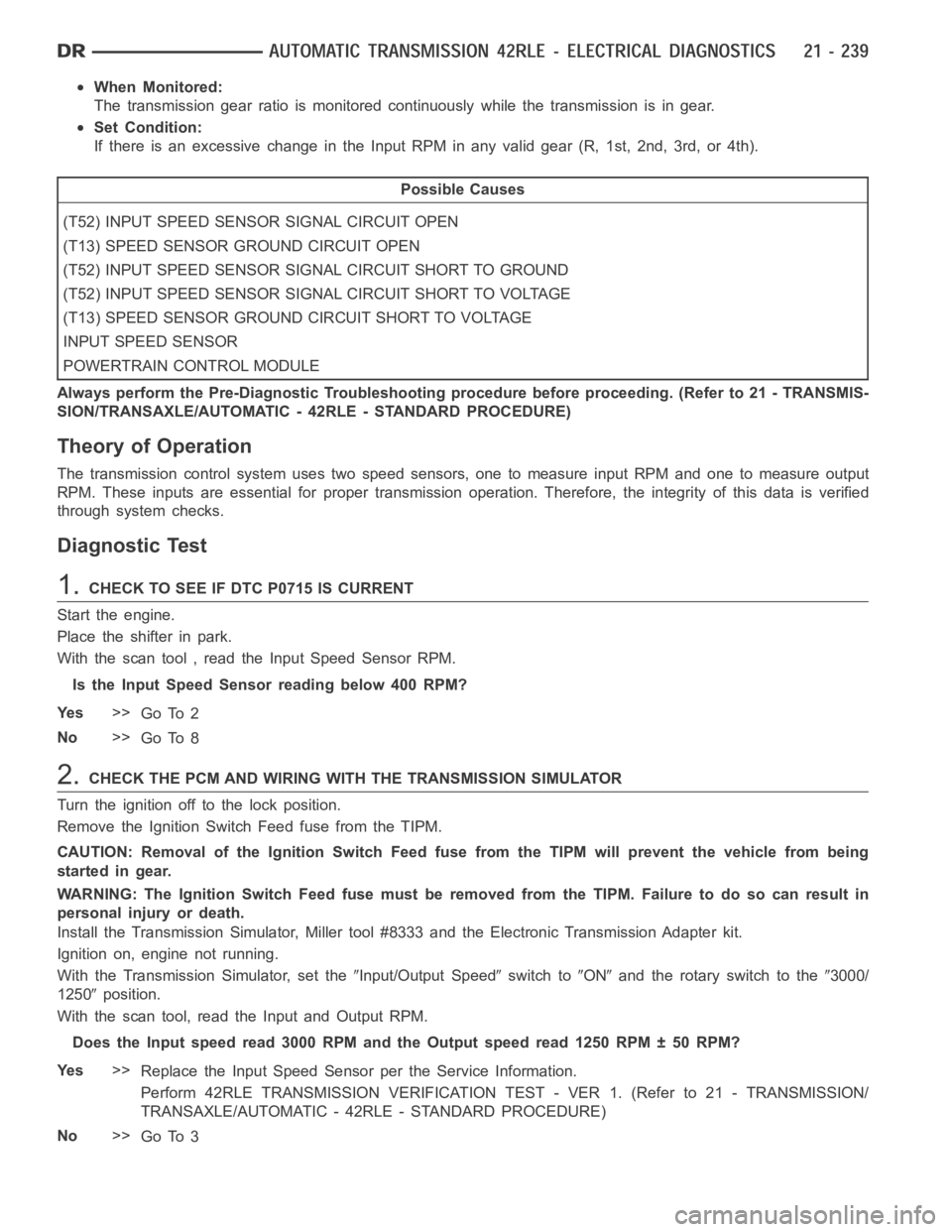 DODGE RAM SRT-10 2006 Service Repair Manual When Monitored:
The transmission gear ratio is monitored continuously while the transmission is in gear.
Set Condition:
If there is an excessive change in the Input RPM in any valid gear (R, 1st, 2nd, DODGE RAM SRT-10 2006 Service Repair Manual When Monitored:
The transmission gear ratio is monitored continuously while the transmission is in gear.
Set Condition:
If there is an excessive change in the Input RPM in any valid gear (R, 1st, 2nd,