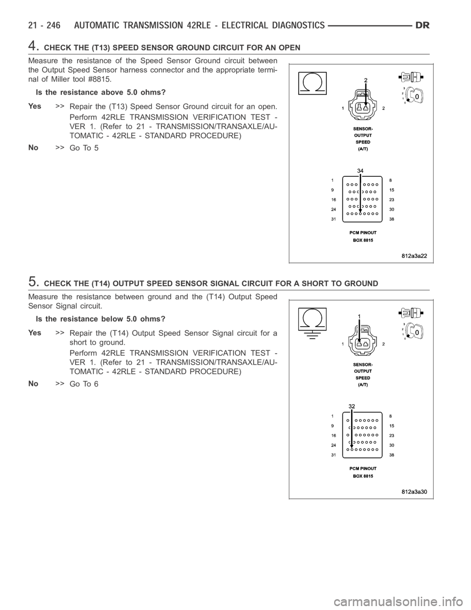 DODGE RAM SRT-10 2006  Service Repair Manual 4.CHECK THE (T13) SPEED SENSOR GROUND CIRCUIT FOR AN OPEN
Measure the resistance of the Speed Sensor Ground circuit between
the Output Speed Sensor harness connector and the appropriate termi-
nal of 