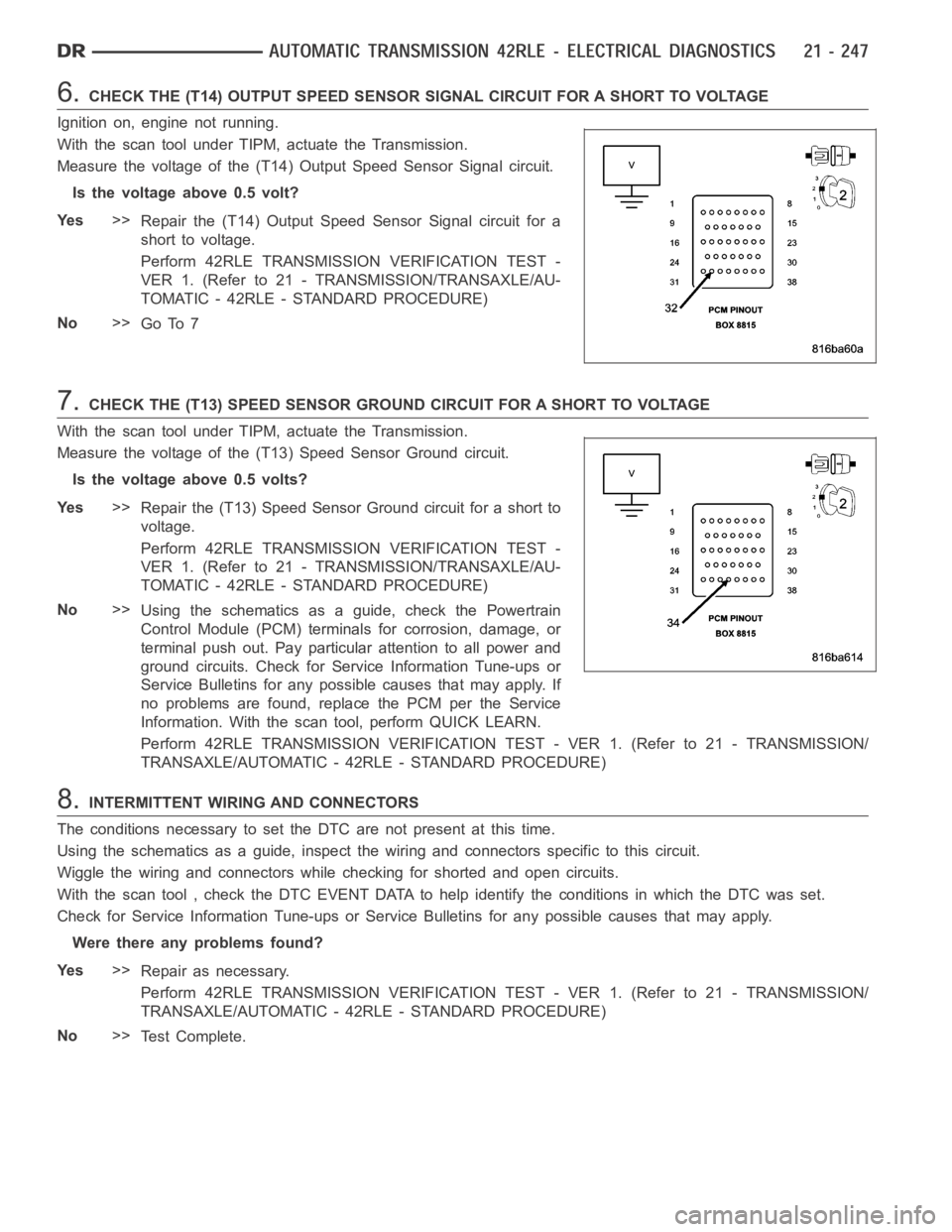 DODGE RAM SRT-10 2006 Service Repair Manual 6.CHECK THE (T14) OUTPUT SPEED SENSOR SIGNAL CIRCUIT FOR A SHORT TO VOLTAGE
Ignition on, engine not running.
With the scan tool under TIPM, actuate the Transmission.
Measure the voltage of the (T14) O DODGE RAM SRT-10 2006 Service Repair Manual 6.CHECK THE (T14) OUTPUT SPEED SENSOR SIGNAL CIRCUIT FOR A SHORT TO VOLTAGE
Ignition on, engine not running.
With the scan tool under TIPM, actuate the Transmission.
Measure the voltage of the (T14) O