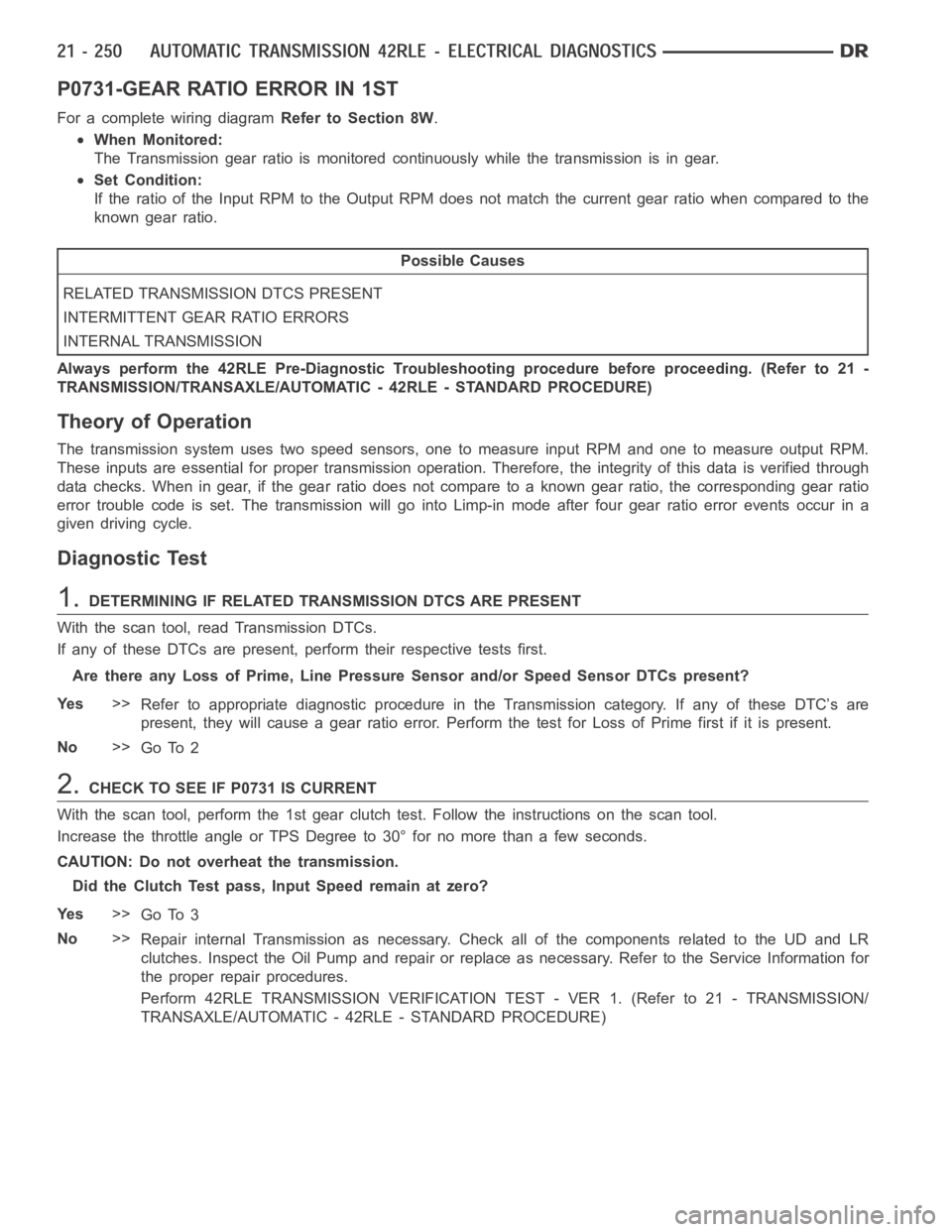 DODGE RAM SRT-10 2006  Service Repair Manual P0731-GEAR RATIO ERROR IN 1ST
For a complete wiring diagramRefer to Section 8W.
When Monitored:
The Transmission gear ratio is monitored continuously while the transmission is in gear.
Set Condition:
