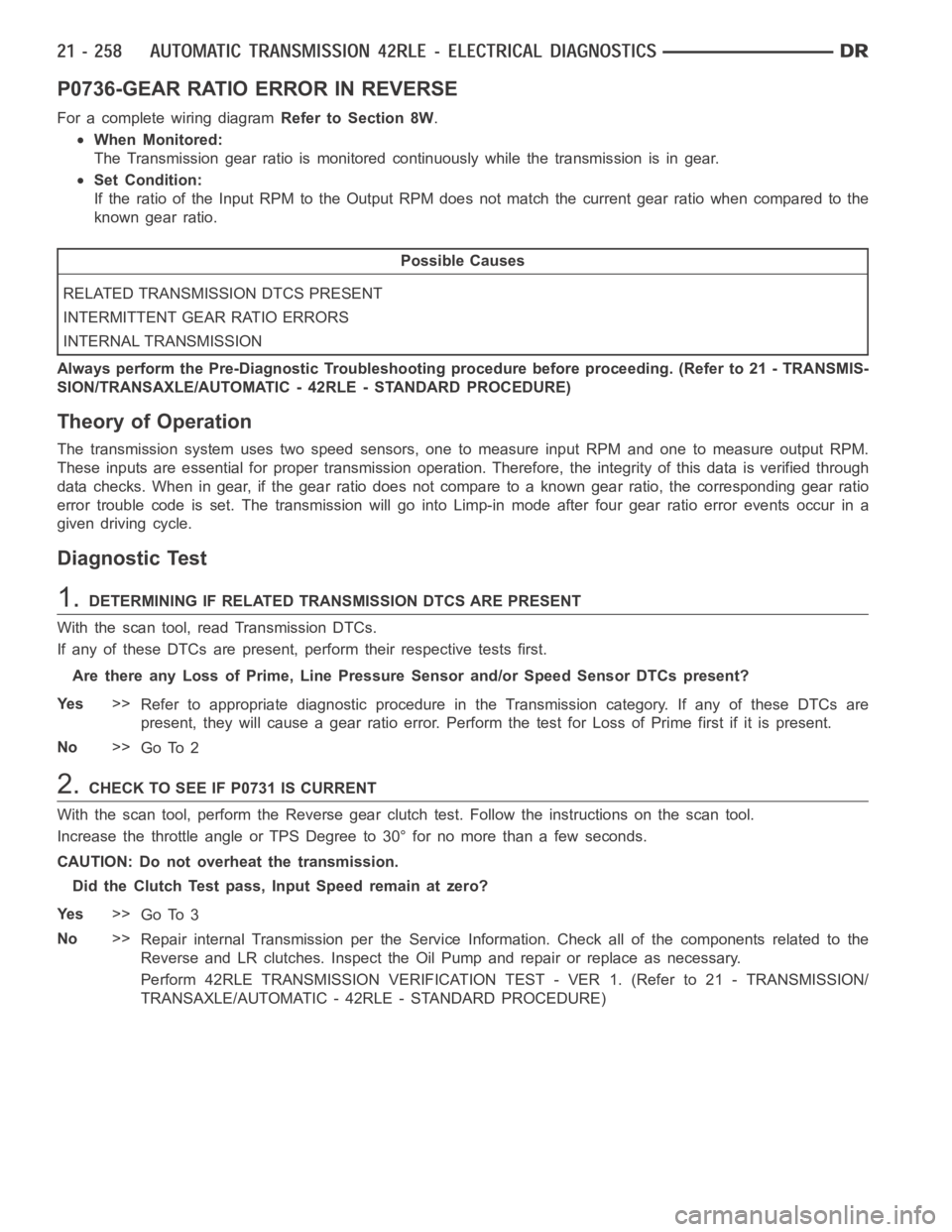 DODGE RAM SRT-10 2006  Service Repair Manual P0736-GEAR RATIO ERROR IN REVERSE
For a complete wiring diagramRefer to Section 8W.
When Monitored:
The Transmission gear ratio is monitored continuously while the transmission is in gear.
Set Conditi