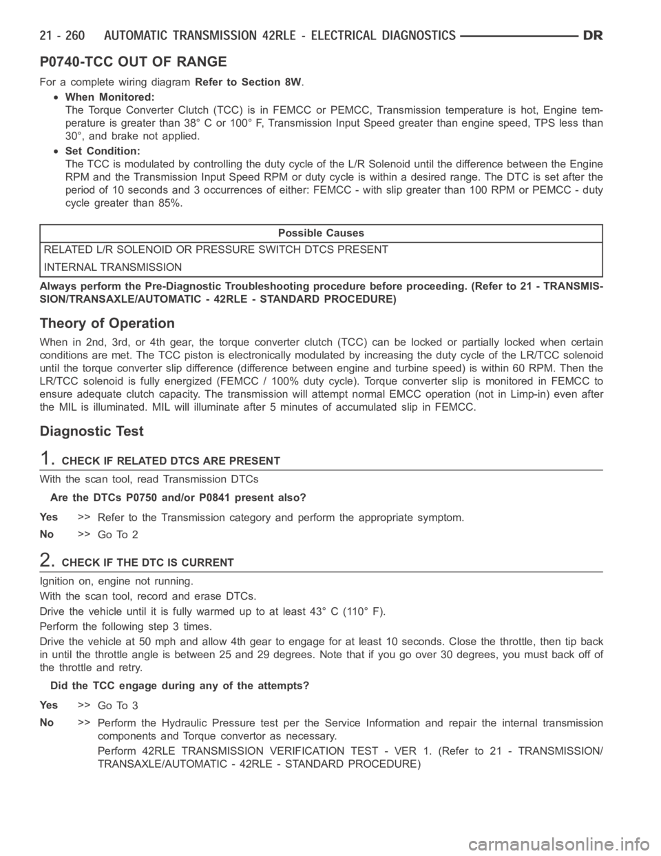 DODGE RAM SRT-10 2006 Service Repair Manual P0740-TCC OUT OF RANGE
For a complete wiring diagramRefer to Section 8W.
When Monitored:
The Torque Converter Clutch (TCC) is in FEMCC or PEMCC, Transmission temperature is hot, Engine tem-
perature i DODGE RAM SRT-10 2006 Service Repair Manual P0740-TCC OUT OF RANGE
For a complete wiring diagramRefer to Section 8W.
When Monitored:
The Torque Converter Clutch (TCC) is in FEMCC or PEMCC, Transmission temperature is hot, Engine tem-
perature i