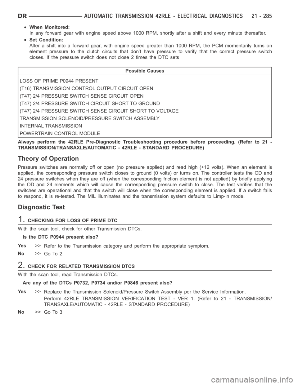 DODGE RAM SRT-10 2006  Service Repair Manual When Monitored:
In any forward gear with engine speed above 1000 RPM, shortly after a shift and every minute thereafter.
Set Condition:
After a shift into a forward gear, with engine speed greater tha
