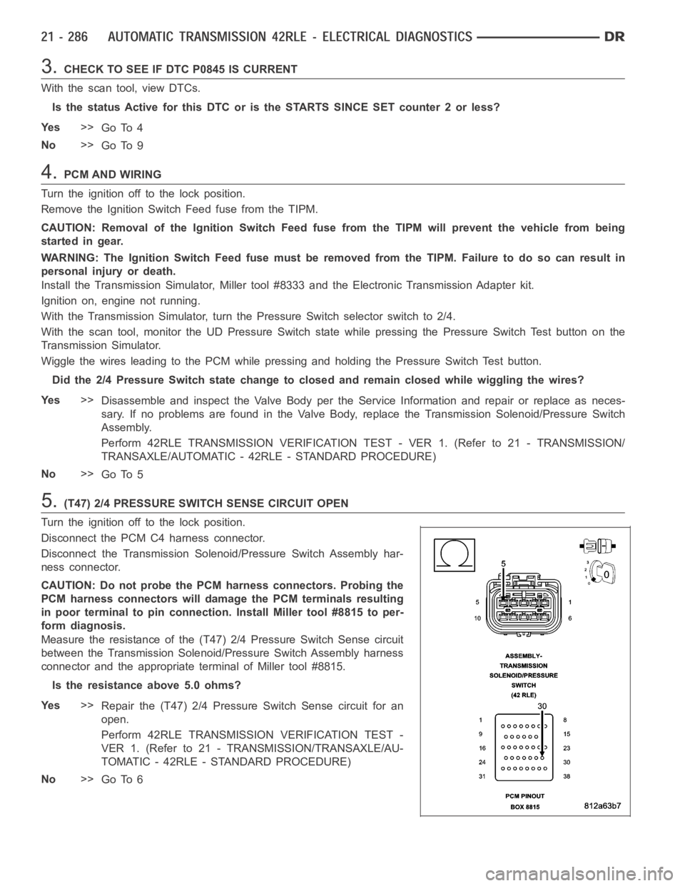 DODGE RAM SRT-10 2006  Service Repair Manual 3.CHECK TO SEE IF DTC P0845 IS CURRENT
With the scan tool, view DTCs.
Is the status Active for this DTC or is the STARTS SINCE SET counter 2 or less?
Ye s>>
Go To 4
No>>
Go To 9
4.PCM AND WIRING
Turn 