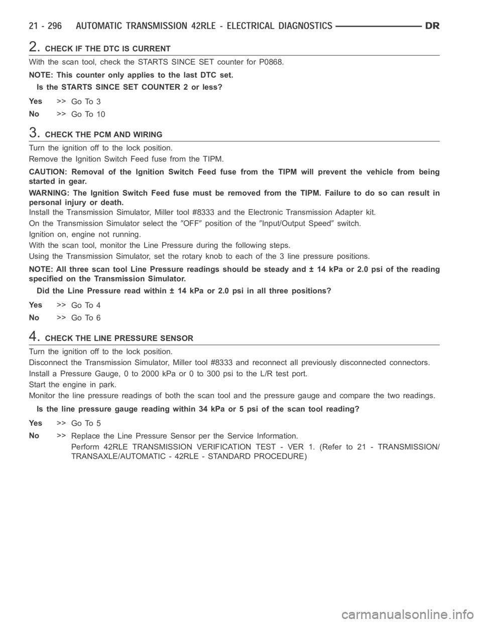 DODGE RAM SRT-10 2006  Service Repair Manual 2.CHECK IF THE DTC IS CURRENT
With the scan tool, check the STARTS SINCE SET counter for P0868.
NOTE: This counter only applies to the last DTC set.
Is the STARTS SINCE SET COUNTER 2 or less?
Ye s>>
G
