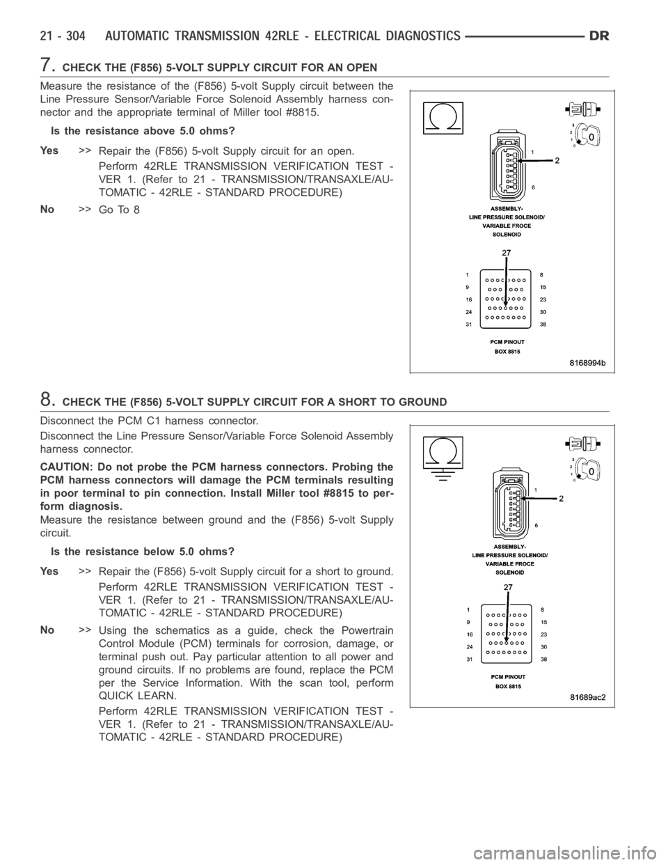 DODGE RAM SRT-10 2006  Service Repair Manual 7.CHECK THE (F856) 5-VOLT SUPPLY CIRCUIT FOR AN OPEN
Measure the resistance of the (F856) 5-volt Supply circuit between the
Line Pressure Sensor/Variable Force Solenoid Assembly harness con-
nector an