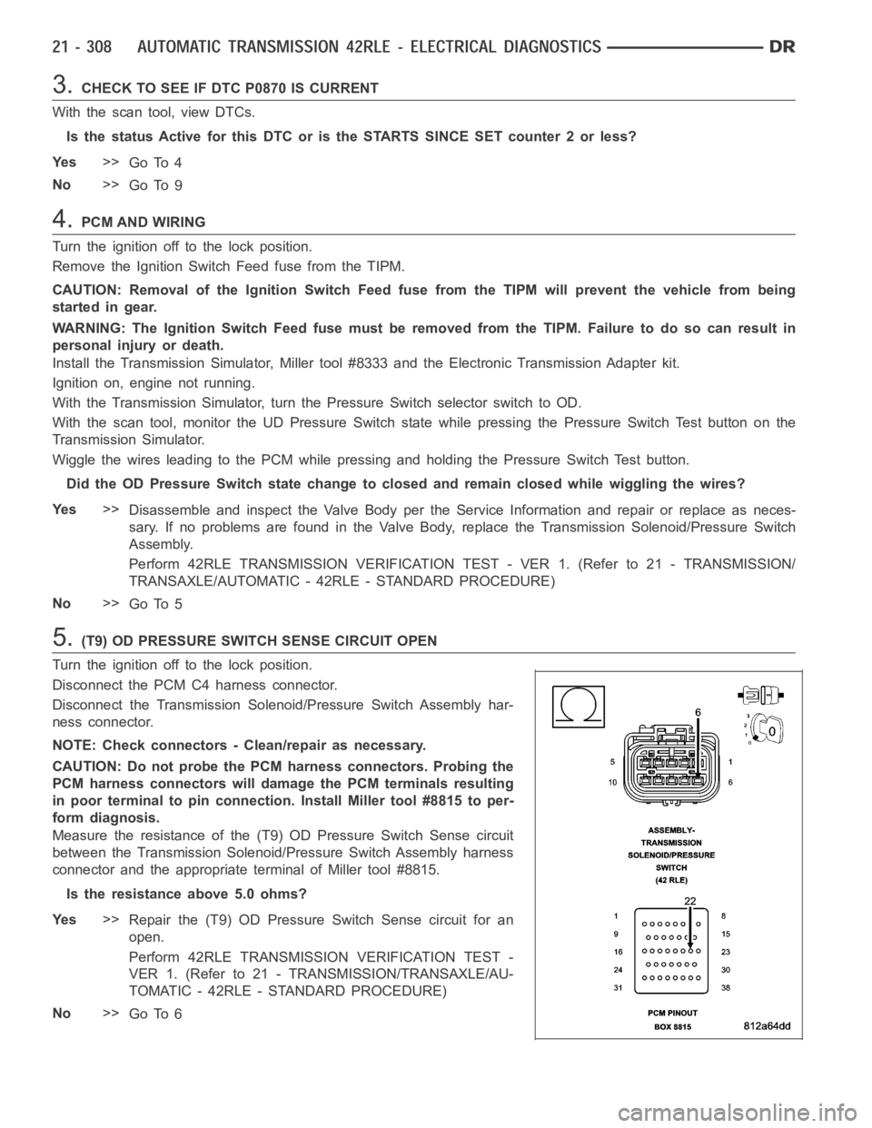 DODGE RAM SRT-10 2006 Service Repair Manual 3.CHECK TO SEE IF DTC P0870 IS CURRENT
With the scan tool, view DTCs.
Is the status Active for this DTC or is the STARTS SINCE SET counter 2 or less?
Ye s>>
Go To 4
No>>
Go To 9
4.PCM AND WIRING
Turn DODGE RAM SRT-10 2006 Service Repair Manual 3.CHECK TO SEE IF DTC P0870 IS CURRENT
With the scan tool, view DTCs.
Is the status Active for this DTC or is the STARTS SINCE SET counter 2 or less?
Ye s>>
Go To 4
No>>
Go To 9
4.PCM AND WIRING
Turn