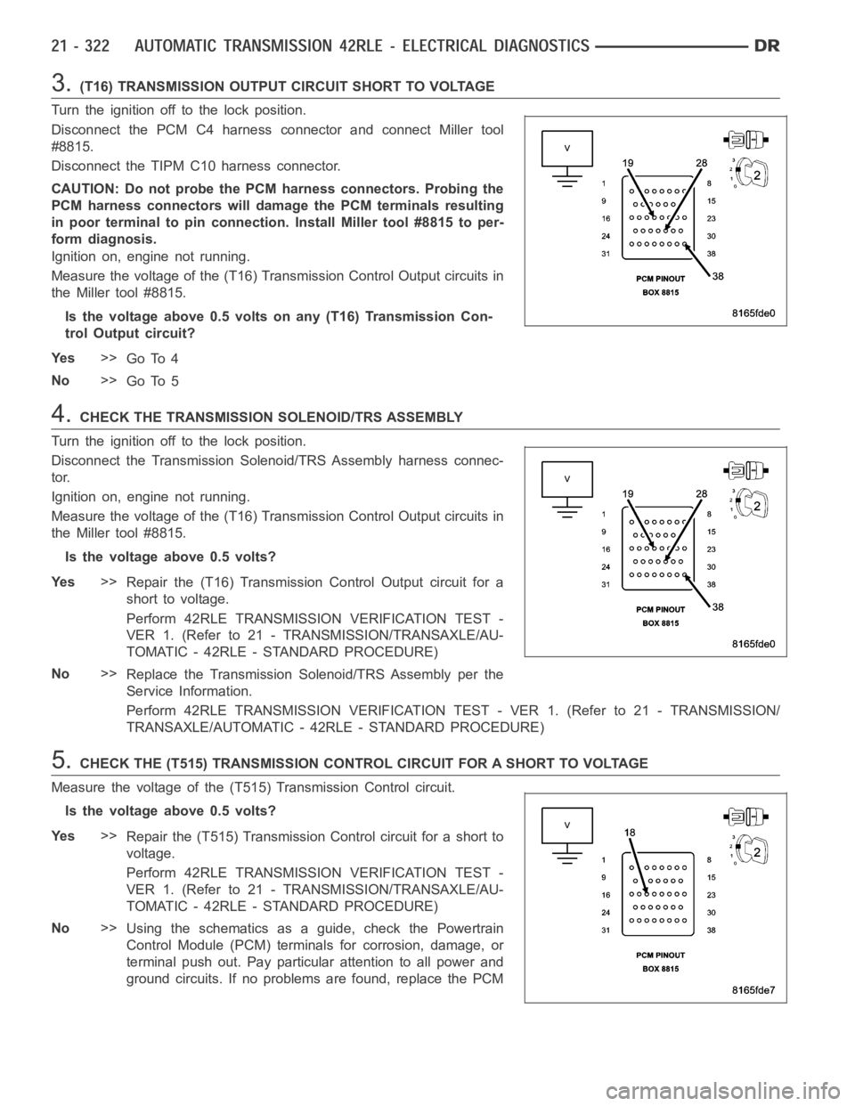 DODGE RAM SRT-10 2006  Service Repair Manual 3.(T16) TRANSMISSION OUTPUT CIRCUIT SHORT TO VOLTAGE
Turn the ignition off to the lock position.
Disconnect the PCM C4 harness connector and connect Miller tool
#8815.
Disconnect the TIPM C10 harness 