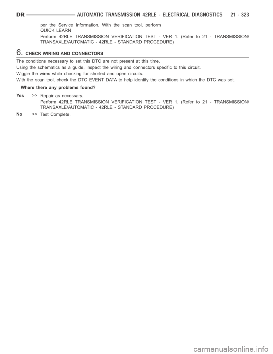 DODGE RAM SRT-10 2006  Service Repair Manual per the Service Information.With the scan tool, perform
QUICK LEARN
Perform 42RLE TRANSMISSION VERIFICATION TEST - VER 1. (Refer to 21 - TRANSMISSION/
TRANSAXLE/AUTOMATIC - 42RLE - STANDARD PROCEDURE)