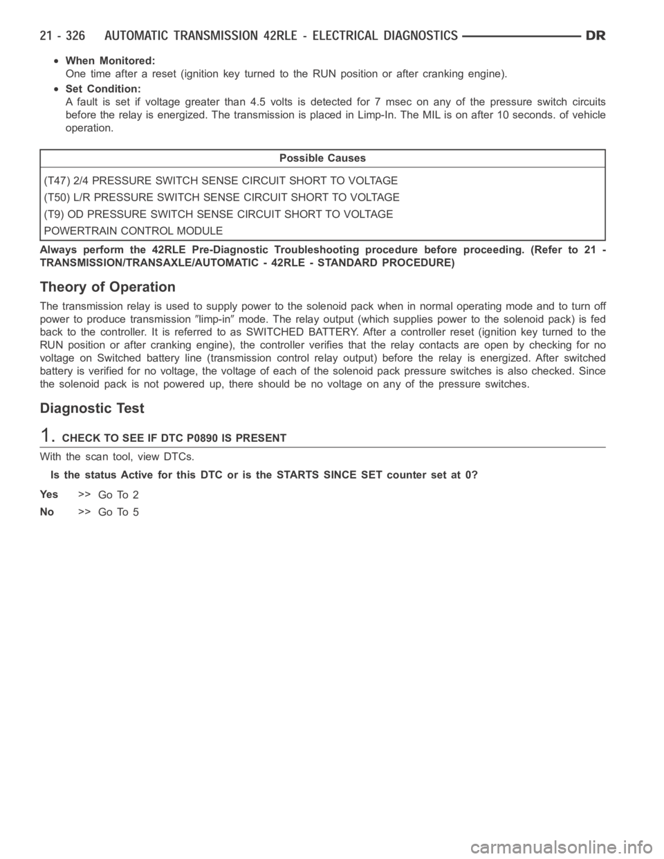 DODGE RAM SRT-10 2006  Service Repair Manual When Monitored:
One time after a reset (ignition key turned to the RUN position or after cranking engine).
Set Condition:
A fault is set if voltage greater than 4.5 volts is detected for 7 msec on any
