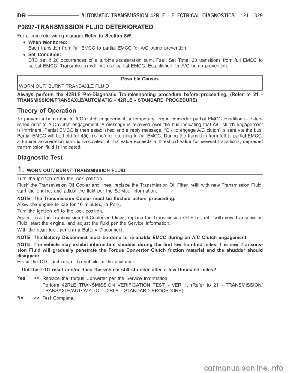 DODGE RAM SRT-10 2006 Service Repair Manual P0897-TRANSMISSION FLUID DETERIORATED
For a complete wiring diagramRefer to Section 8W.
When Monitored:
Each transition from full EMCC to partial EMCC for A/C bump prevention.
Set Condition:
DTC set i DODGE RAM SRT-10 2006 Service Repair Manual P0897-TRANSMISSION FLUID DETERIORATED
For a complete wiring diagramRefer to Section 8W.
When Monitored:
Each transition from full EMCC to partial EMCC for A/C bump prevention.
Set Condition:
DTC set i