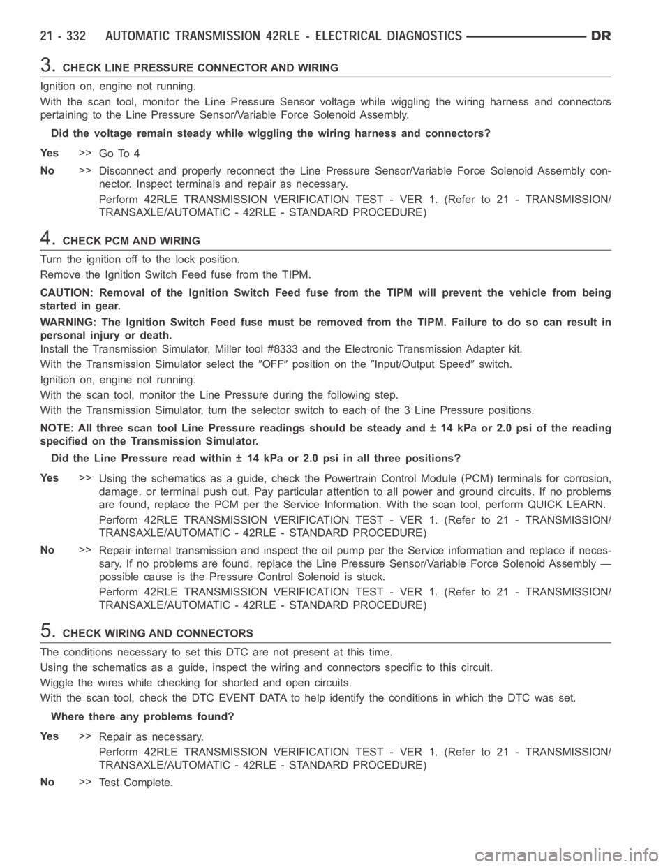 DODGE RAM SRT-10 2006  Service Repair Manual 3.CHECK LINE PRESSURE CONNECTOR AND WIRING
Ignition on, engine not running.
With the scan tool, monitor the Line Pressure Sensor voltage while wiggling the wiring harness and connectors
pertaining to 