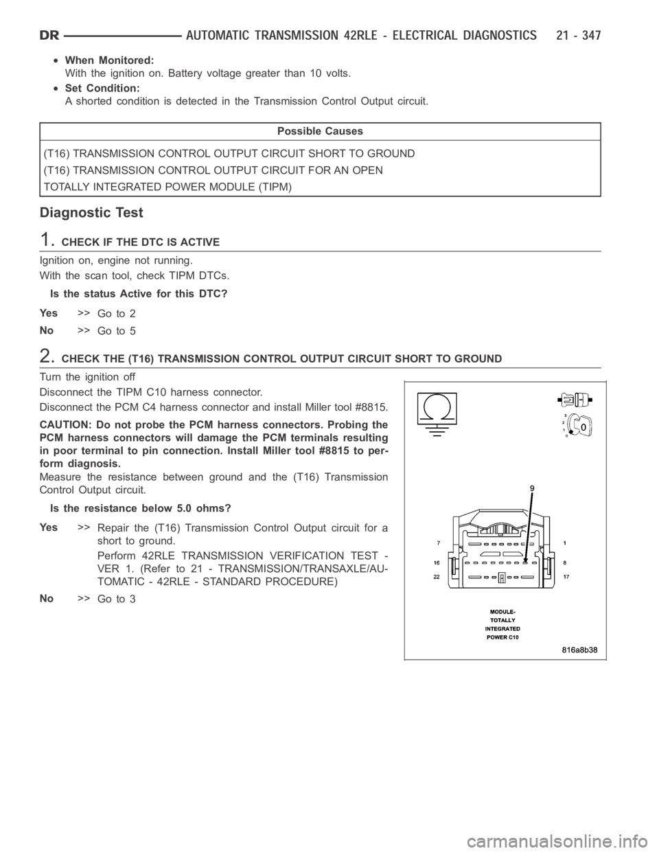 DODGE RAM SRT-10 2006 Service Repair Manual When Monitored:
With the ignition on. Battery voltage greater than 10 volts.
Set Condition:
A shorted condition is detected in the Transmission Control Output circuit.
Possible Causes
(T16) TRANSMISSI DODGE RAM SRT-10 2006 Service Repair Manual When Monitored:
With the ignition on. Battery voltage greater than 10 volts.
Set Condition:
A shorted condition is detected in the Transmission Control Output circuit.
Possible Causes
(T16) TRANSMISSI