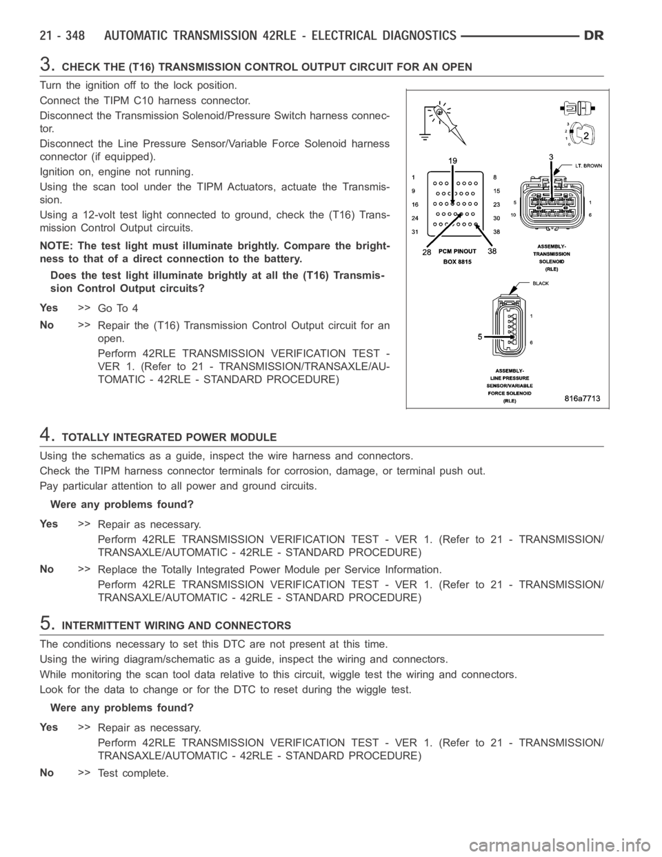 DODGE RAM SRT-10 2006  Service Repair Manual 3.CHECK THE (T16) TRANSMISSION CONTROL OUTPUT CIRCUIT FOR AN OPEN
Turn the ignition off to the lock position.
Connect the TIPM C10 harness connector.
Disconnect the Transmission Solenoid/Pressure Swit