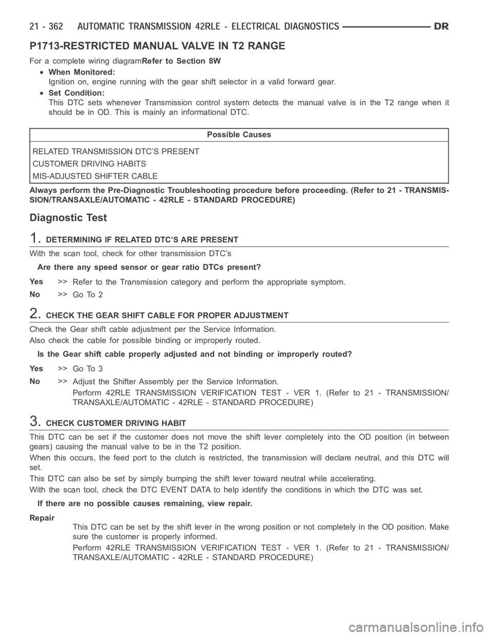 DODGE RAM SRT-10 2006  Service Repair Manual P1713-RESTRICTED MANUAL VALVE IN T2 RANGE
For a complete wiring diagramRefer to Section 8W
When Monitored:
Ignition on, engine running with the gear shift selector in a valid forwardgear.
Set Conditio