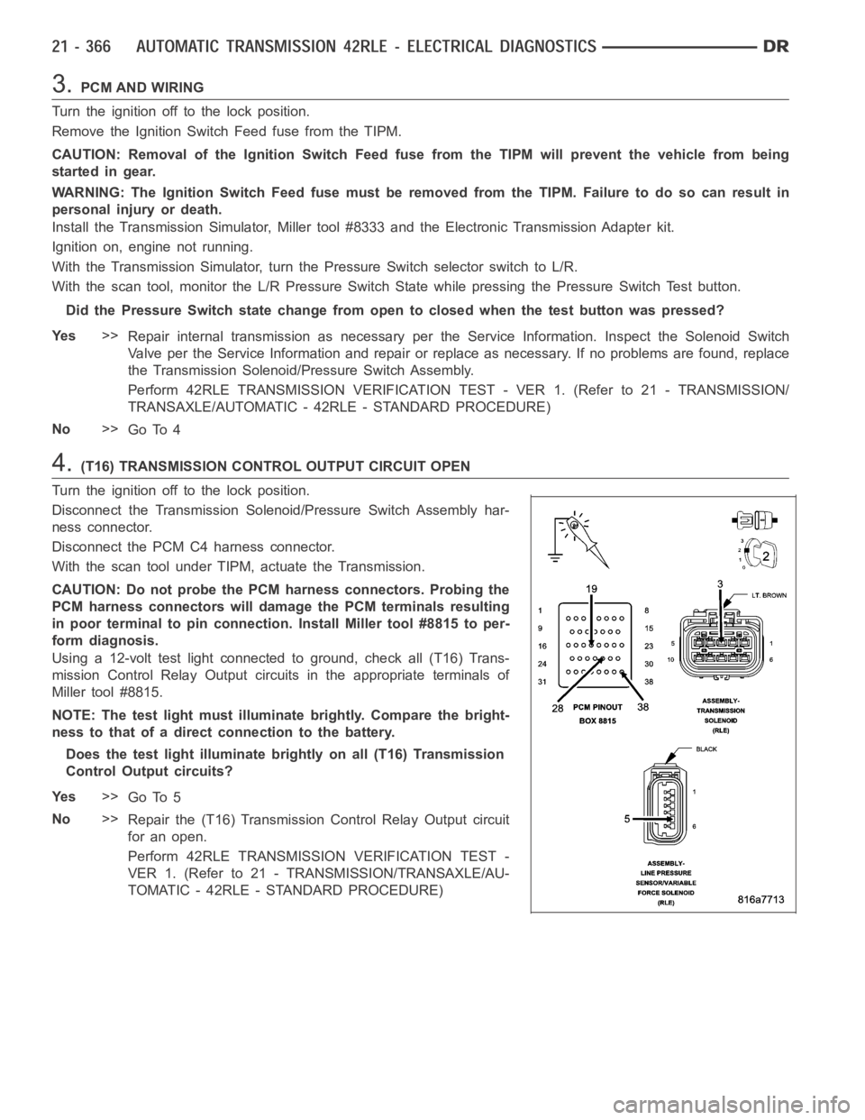 DODGE RAM SRT-10 2006 Service Repair Manual 3.PCM AND WIRING
Turn the ignition off to the lock position.
Remove the Ignition Switch Feed fuse from the TIPM.
CAUTION: Removal of the Ignition Switch Feed fuse from the TIPM will prevent the vehicl DODGE RAM SRT-10 2006 Service Repair Manual 3.PCM AND WIRING
Turn the ignition off to the lock position.
Remove the Ignition Switch Feed fuse from the TIPM.
CAUTION: Removal of the Ignition Switch Feed fuse from the TIPM will prevent the vehicl