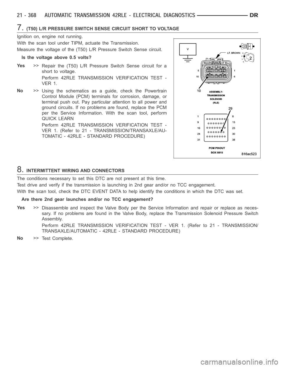 DODGE RAM SRT-10 2006 Service Repair Manual 7.(T50) L/R PRESSURE SWITCH SENSE CIRCUIT SHORT TO VOLTAGE
Ignition on, engine not running.
With the scan tool under TIPM, actuate the Transmission.
Measure the voltage of the (T50) L/R Pressure Switc DODGE RAM SRT-10 2006 Service Repair Manual 7.(T50) L/R PRESSURE SWITCH SENSE CIRCUIT SHORT TO VOLTAGE
Ignition on, engine not running.
With the scan tool under TIPM, actuate the Transmission.
Measure the voltage of the (T50) L/R Pressure Switc
