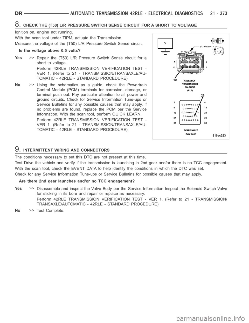DODGE RAM SRT-10 2006 Service Repair Manual 8.CHECK THE (T50) L/R PRESSURE SWITCH SENSE CIRCUIT FOR A SHORT TO VOLTAGE
Ignition on, engine not running.
With the scan tool under TIPM, actuate the Transmission.
Measure the voltage of the (T50) L/ DODGE RAM SRT-10 2006 Service Repair Manual 8.CHECK THE (T50) L/R PRESSURE SWITCH SENSE CIRCUIT FOR A SHORT TO VOLTAGE
Ignition on, engine not running.
With the scan tool under TIPM, actuate the Transmission.
Measure the voltage of the (T50) L/